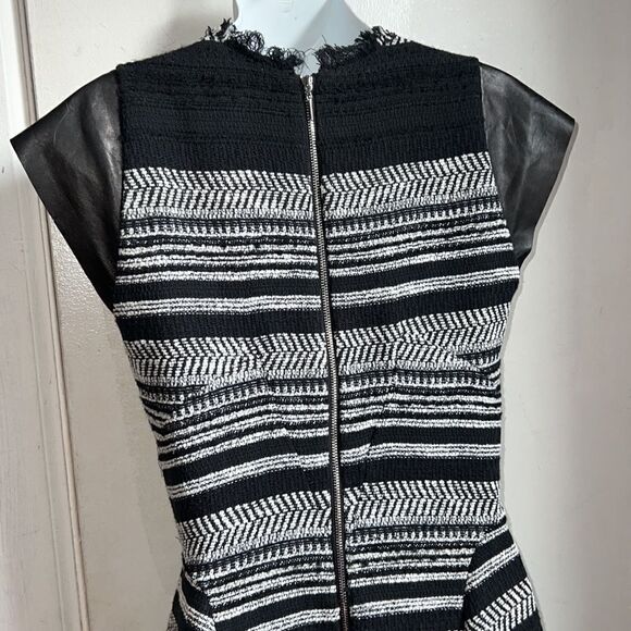 REBECCA TAYLOR  Leather-Sleeve Flared Tweed Dress-4 - Picture 6 of 10